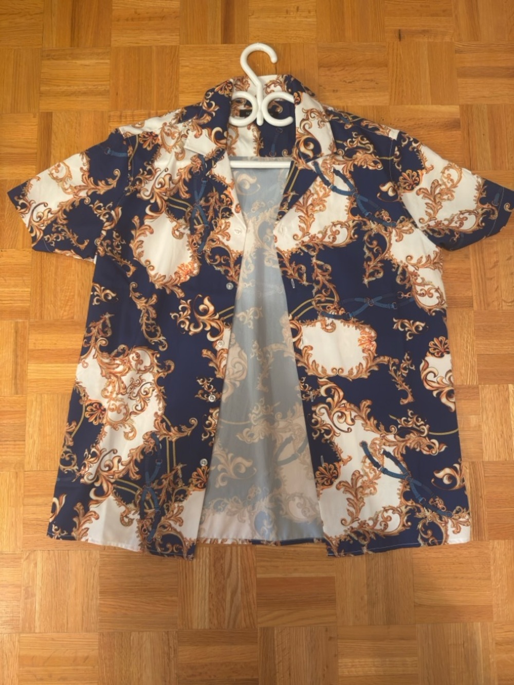 Fashion Nova Navy and White Short-Sleeve Button-Down with Gold Scroll Print